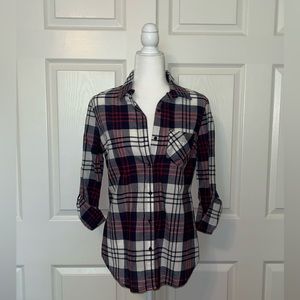 Women’s long sleeve red, white and navy plaid button down shirt - size M